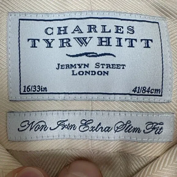Charles Tyrwhitt Dress Shirt Mens 16-33 Peach Herringbone French Cuff Extra Slim